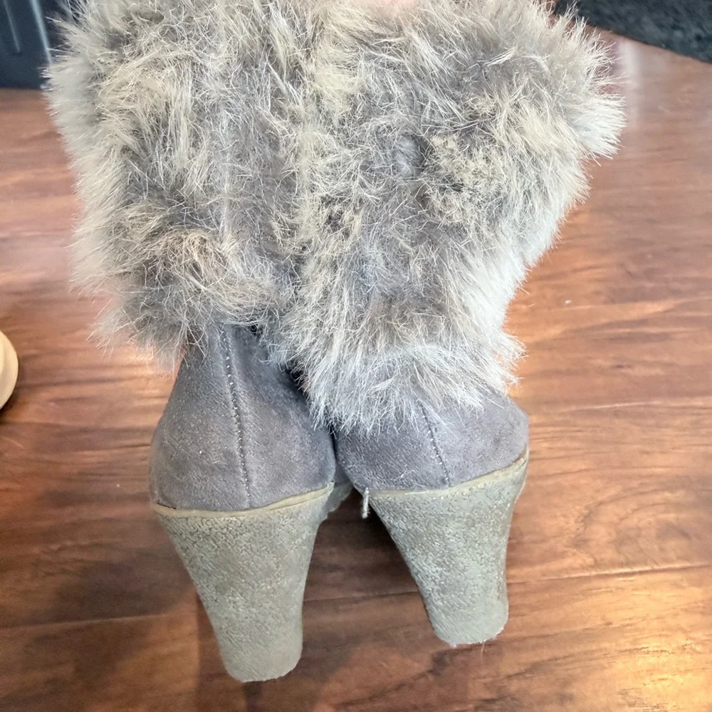 Gray Faux Fur Women's Wedge Boots